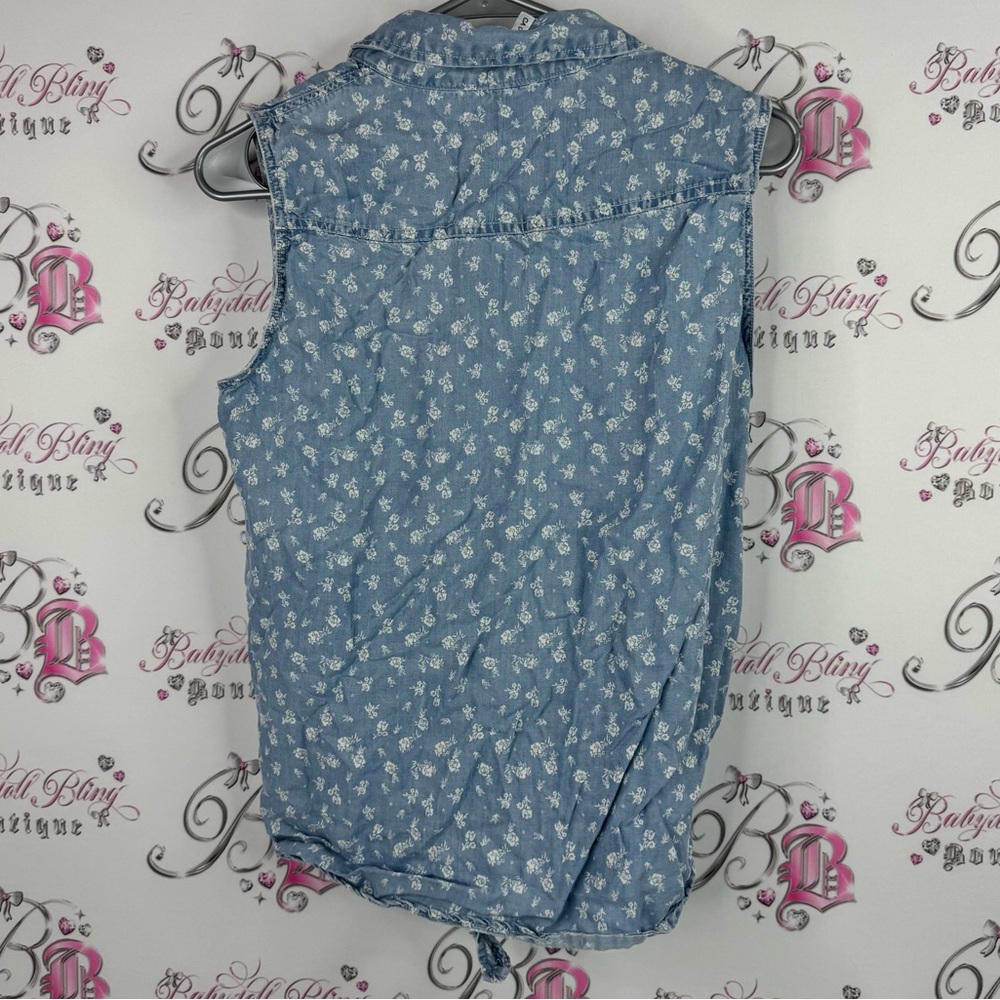 Velvet heart tank top button up tie up bottom Floral Denim Sleeveless Blouse - Picture 2 of 6